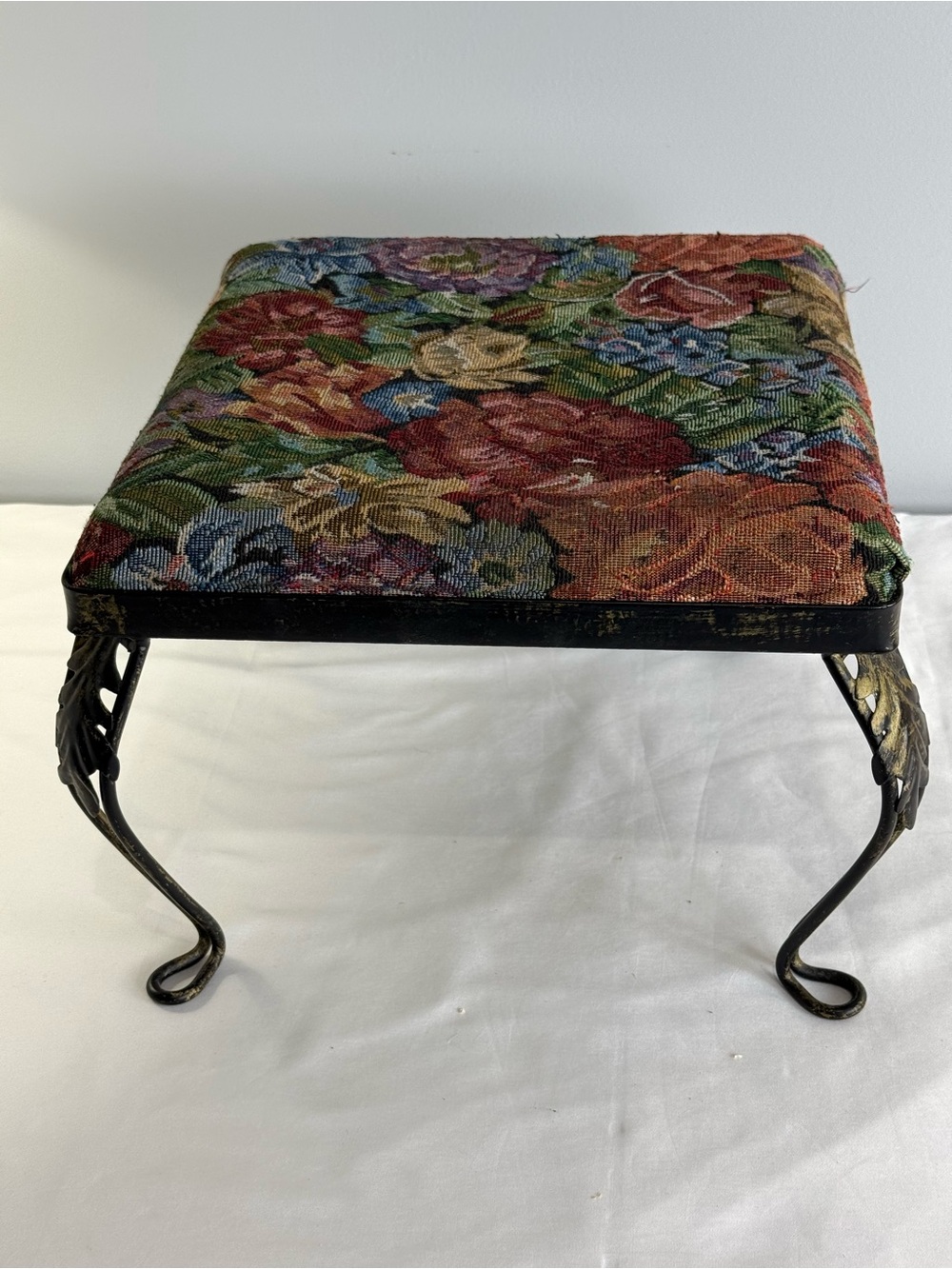 Vintage Tapestry Small Footstool Footrest Ottoman w/ Brass-like Legs, Floral